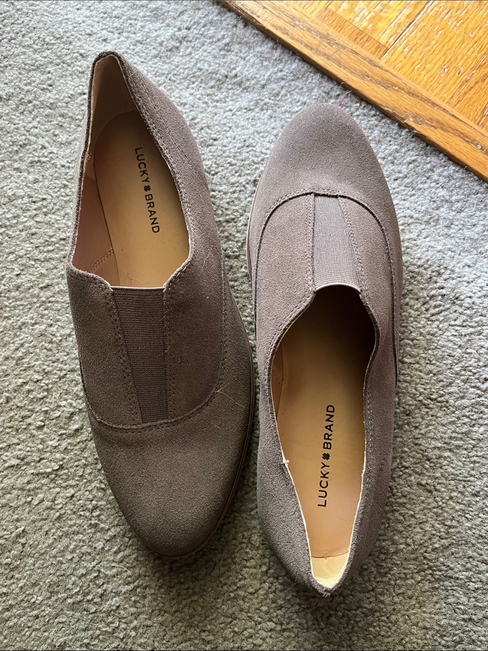 Lucky Brand women’s Suede Slip-On Loafers in Taupe Gray